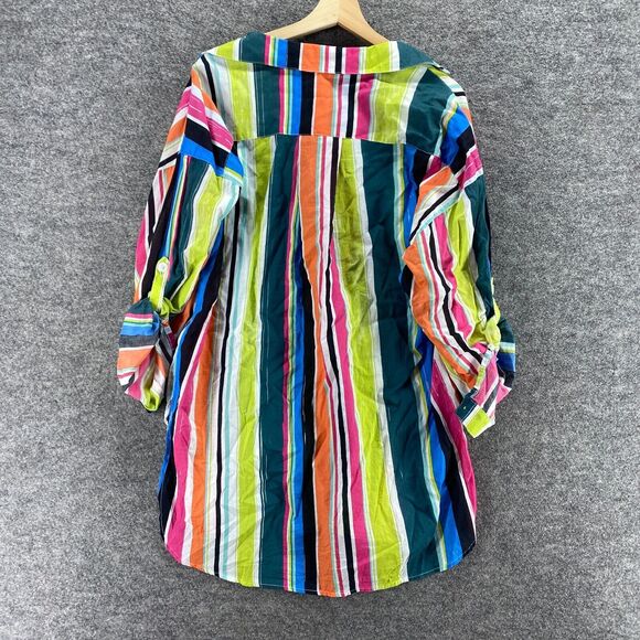 Anne Cole Shirt Women M Medium Blue Striped Button Up Collared 3/4 Sleeve Cotton - Picture 2 of 6